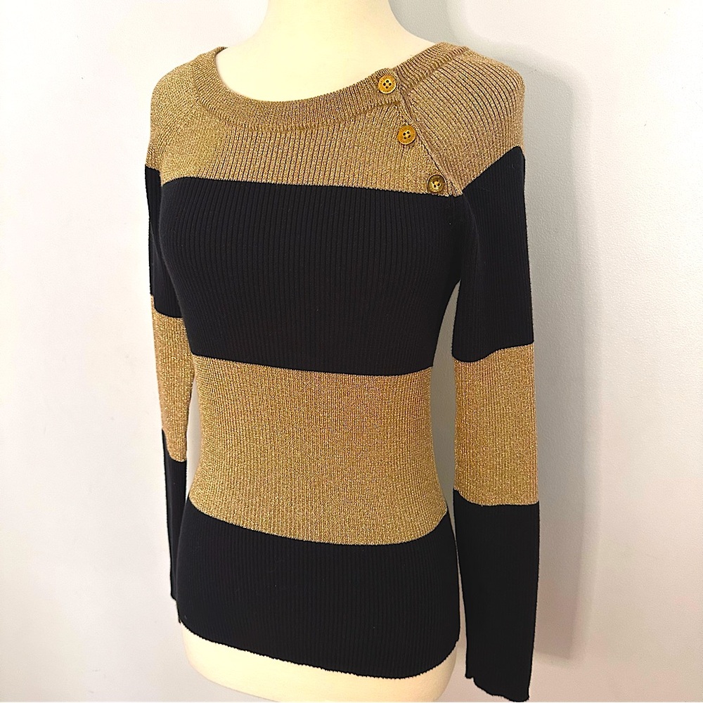 Lauren Ralph Lauren Gold Metallic & Black Ribbed Sweater Size M Cotton Blend
